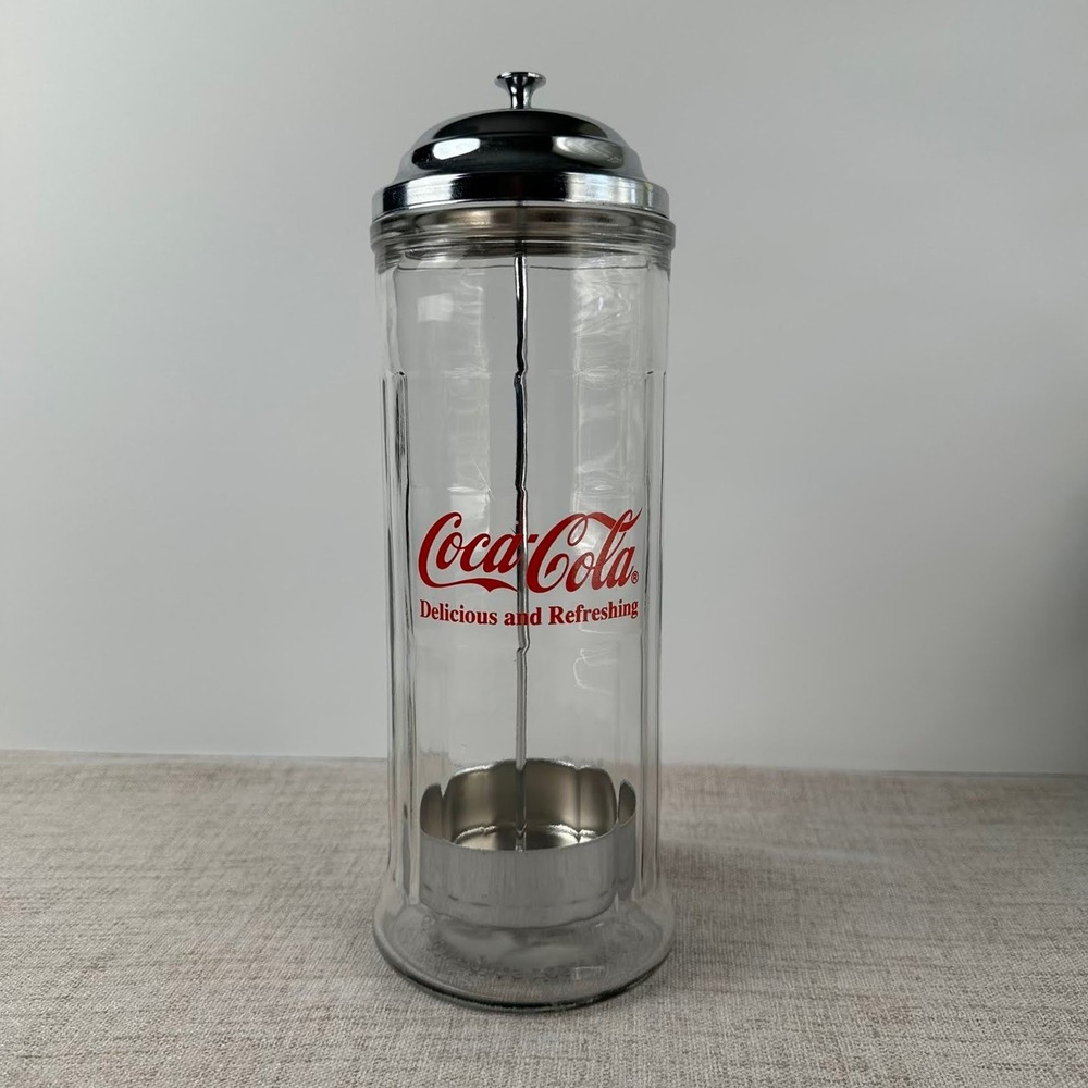 Vintage 1992 Coca-Cola Glass Straw Dispenser Chrome Diner Soda Fountain Coke